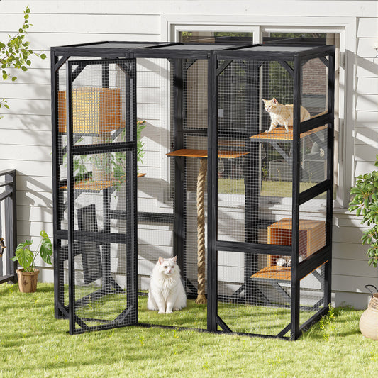 Outdoor Cat House, DIY Cat Enclosure, Cat Catio with Double Enter Doors, 62.8"L X 32.2"W X68.5"H Balcony Cat Playpen