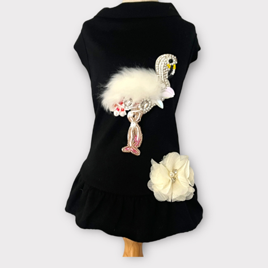 TD Flamingo Dog Dress with Beaded Fur and Rhinestone Stylish Pet Clothes