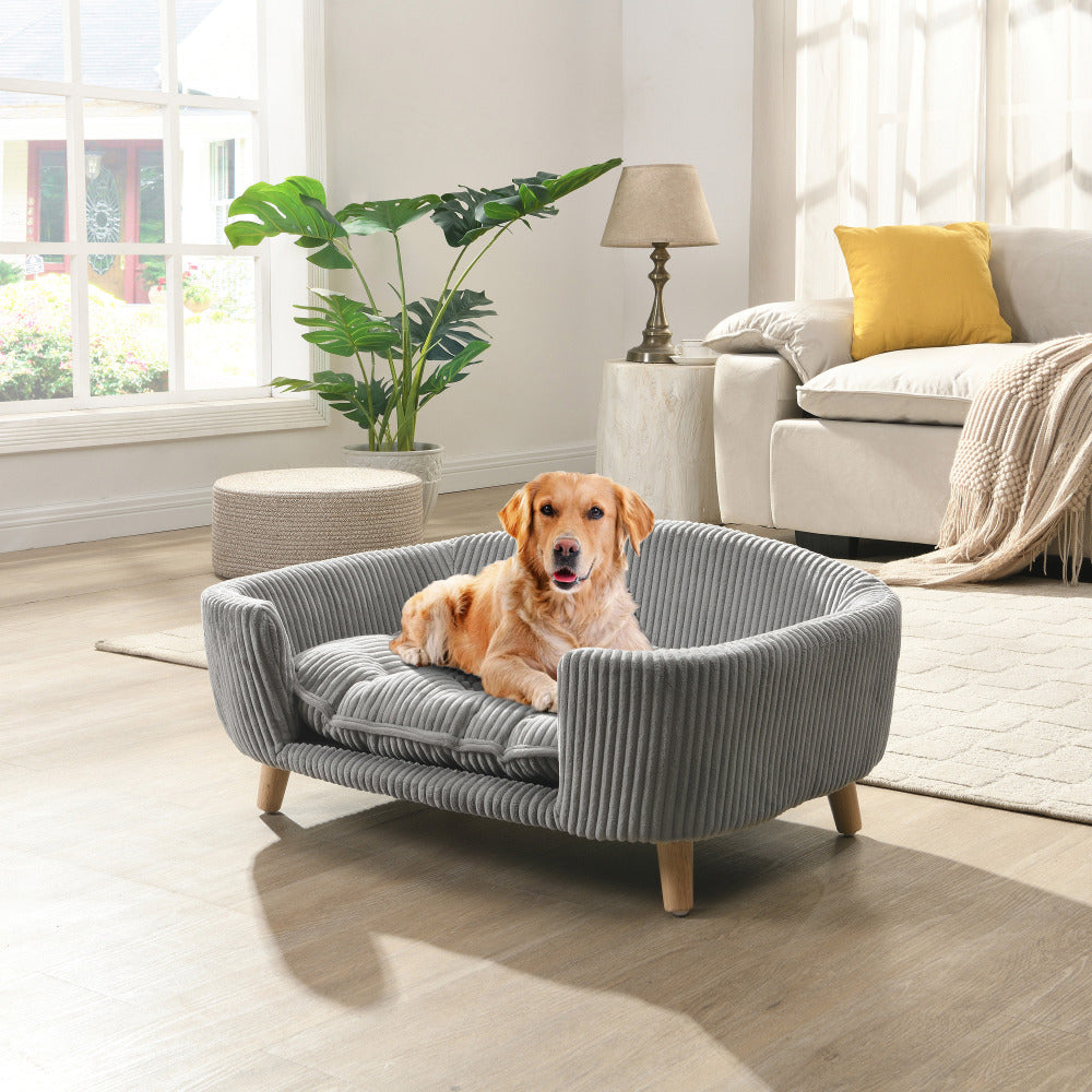 Elevated Dog Bed Frame for Small Dog, Corduroy Pet Couch Bed with Rubber Wood Legs and Supportive Foam, Gray, Easy Assembly