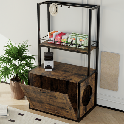 55"Refined Litter Box Enclosure with Storage Shelves and 2 Hanging Clothes Rack, 4-in-1 Hidden Cat Litter Box