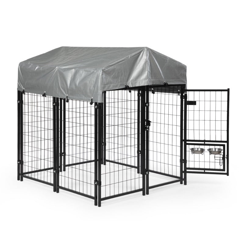 Heavy Duty Dog House, Dog Pen with Roof, Reversible Feeding Door, Stainless Steel Feeding Bowls, Dog Fence Cage for Small to Lar