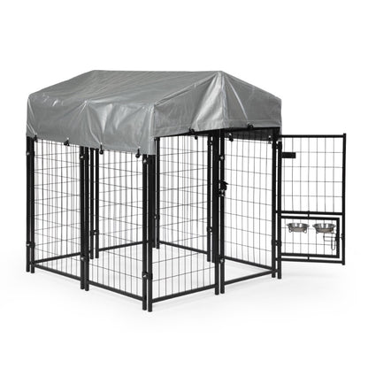 Heavy Duty Dog House, Dog Pen with Roof, Reversible Feeding Door, Stainless Steel Feeding Bowls, Dog Fence Cage for Small to Lar