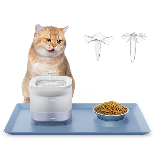 Cat Water Fountain and Food Bowl Set with Mat 1.8L Automatic Pet Running Water Dispenser with LED Light Ultra Silent