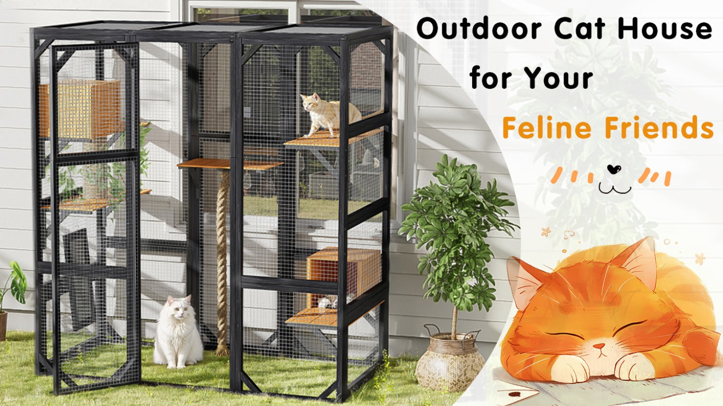 Outdoor Cat House, DIY Cat Enclosure, Cat Catio with Double Enter Doors, 62.8"L X 32.2"W X68.5"H Balcony Cat Playpen