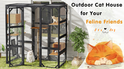 Outdoor Cat House, DIY Cat Enclosure, Cat Catio with Double Enter Doors, 62.8"L X 32.2"W X68.5"H Balcony Cat Playpen