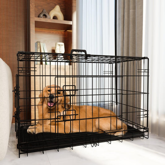 Dog Crate, 48 Inch Large Dog Cage with Divider and Plastic Leak-Proof Pan Tray, Double Door Folding Metal Wire Cage for Indoor