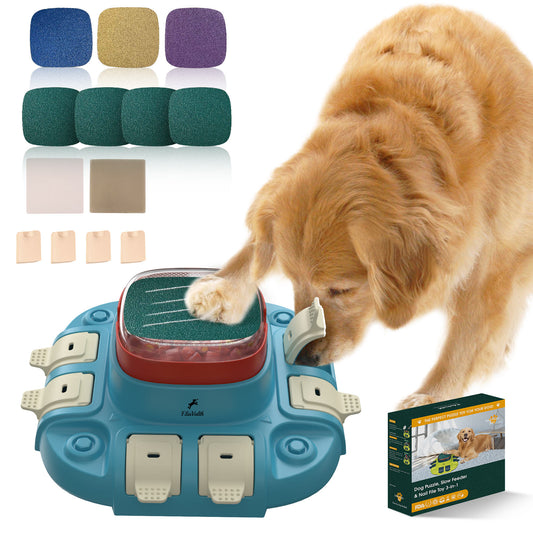 3-in-1 Puzzle Toy & Dog Nail File, Enrichment Toys with Treat Dispenser, Scratch Pad for Nails with 8 Sandpapers, Blue
