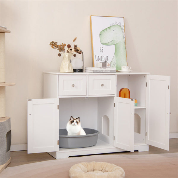 Cat Litter Box Enclosure With 2 Drawers 3 Doors Anti-Toppling Devices Storage