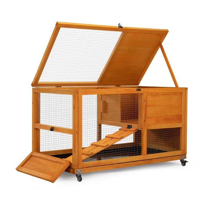 2-Tier Rabbit Hutch on Wheels, Bunny Cage with Run, Doors, Ramp, Openable Roof, Easy-to-Clean Tray, Pet House for Guinea Pigs Sm