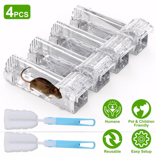 4Pcs Reusable Plastic Humane Live Mouse Trap Safe Rodent Catch Release Cage for Family Children & Pets Easy Setup