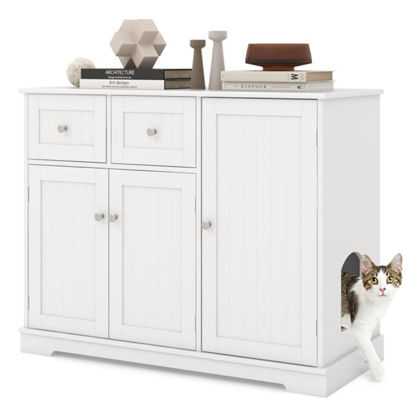 Cat Litter Box Enclosure With 2 Drawers 3 Doors Anti-Toppling Devices Storage
