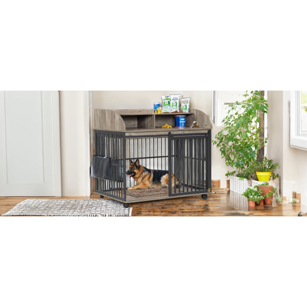 44'' Heavy Duty Large Crate Furniture for Large Medium Dog with Lockable Wheels, Wooden Dog Crate Dog Kennel