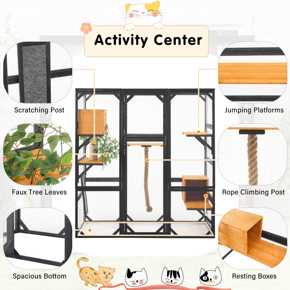 Outdoor Cat House, DIY Cat Enclosure, Cat Catio with Double Enter Doors, 62.8"L X 32.2"W X68.5"H Balcony Cat Playpen