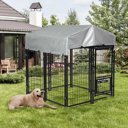 Heavy Duty Dog House, Dog Pen with Roof, Reversible Feeding Door, Stainless Steel Feeding Bowls, Dog Fence Cage for Small to Lar