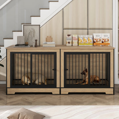 Dog Crate Furniture with Two Combined Room, XL Large Double Dog Cage Furniture with Tray for Medium Large Dogs