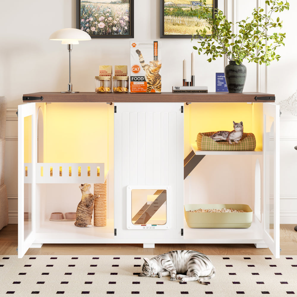 47.25" Large Cat Litter Box Enclosure with LED Light, Hidden Litter Box Furniture, Cat House with Stairs and Cat Scratching Post