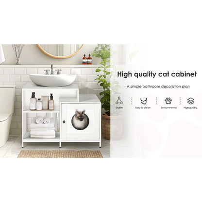 Cat litter box enclosure for bathroom, Hidden Litter Pet Washroom with Divider, Indoor Cat House for Large Cats, White