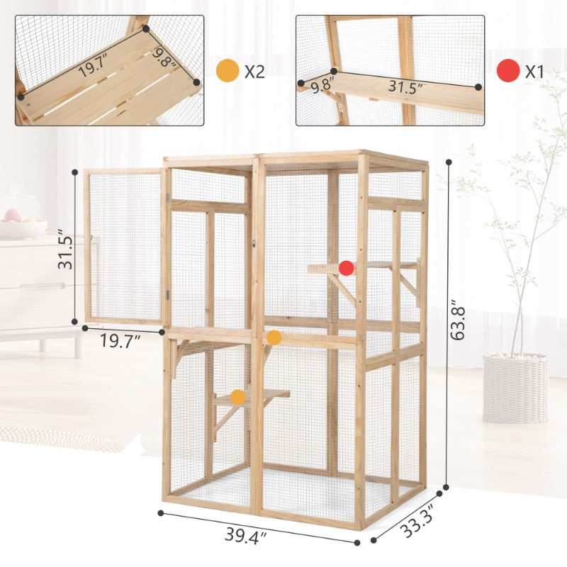 Wooden Cat Catio, Outdoor Cat Enclosure, Cat House with Platforms, Sunshine Board, Hammock, Door, Kitten Cage Condo,Burlywood