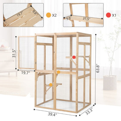 Wooden Cat Catio, Outdoor Cat Enclosure, Cat House with Platforms, Sunshine Board, Hammock, Door, Kitten Cage Condo,Burlywood