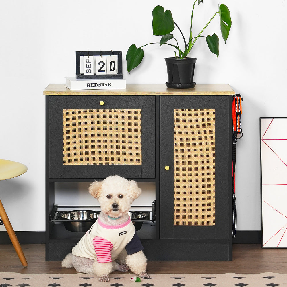 Feeding Station with 2 Lockers, Pet Feeding Station with 2 Elevated Dog Bowls, Side Hooks, Anti-tipping Kit