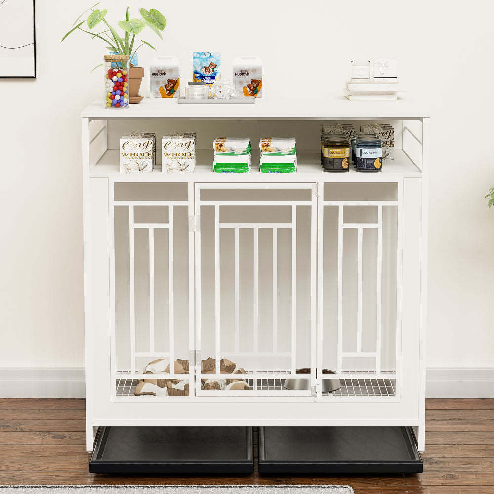 43.3 Inch Dog Crate Furniture for Large Dogs,Wooden Dog Crate with Divider,Double Door Dog Kennel with Three Drawers Storages