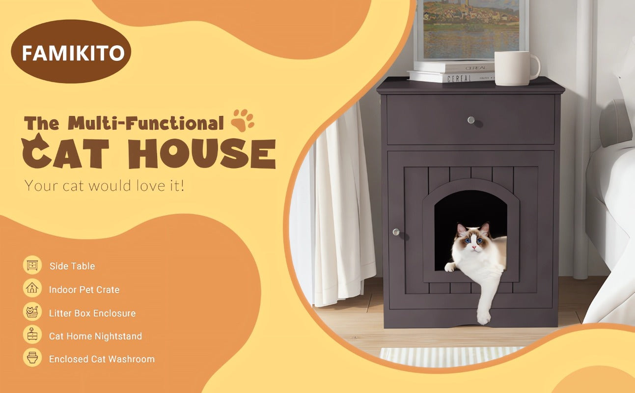 Wooden Pet House Cat Litter Box Enclosure with Drawer, Side Table, Indoor Pet Crate, Cat Home Nightstand (Brown)