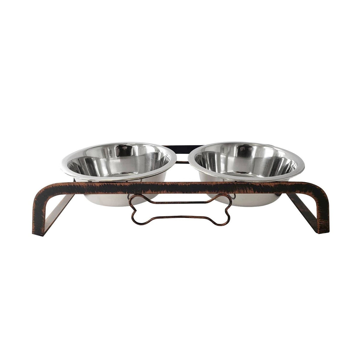 HMS Rustic 32oz Two Bowl Dog Feeding Station Elevated Stainless Steel for Camping Travel Party Cats & Animals Battery Powered