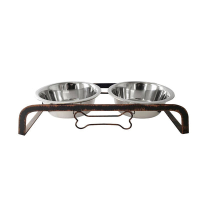 HMS Rustic 32oz Two Bowl Dog Feeding Station Elevated Stainless Steel for Camping Travel Party Cats & Animals Battery Powered