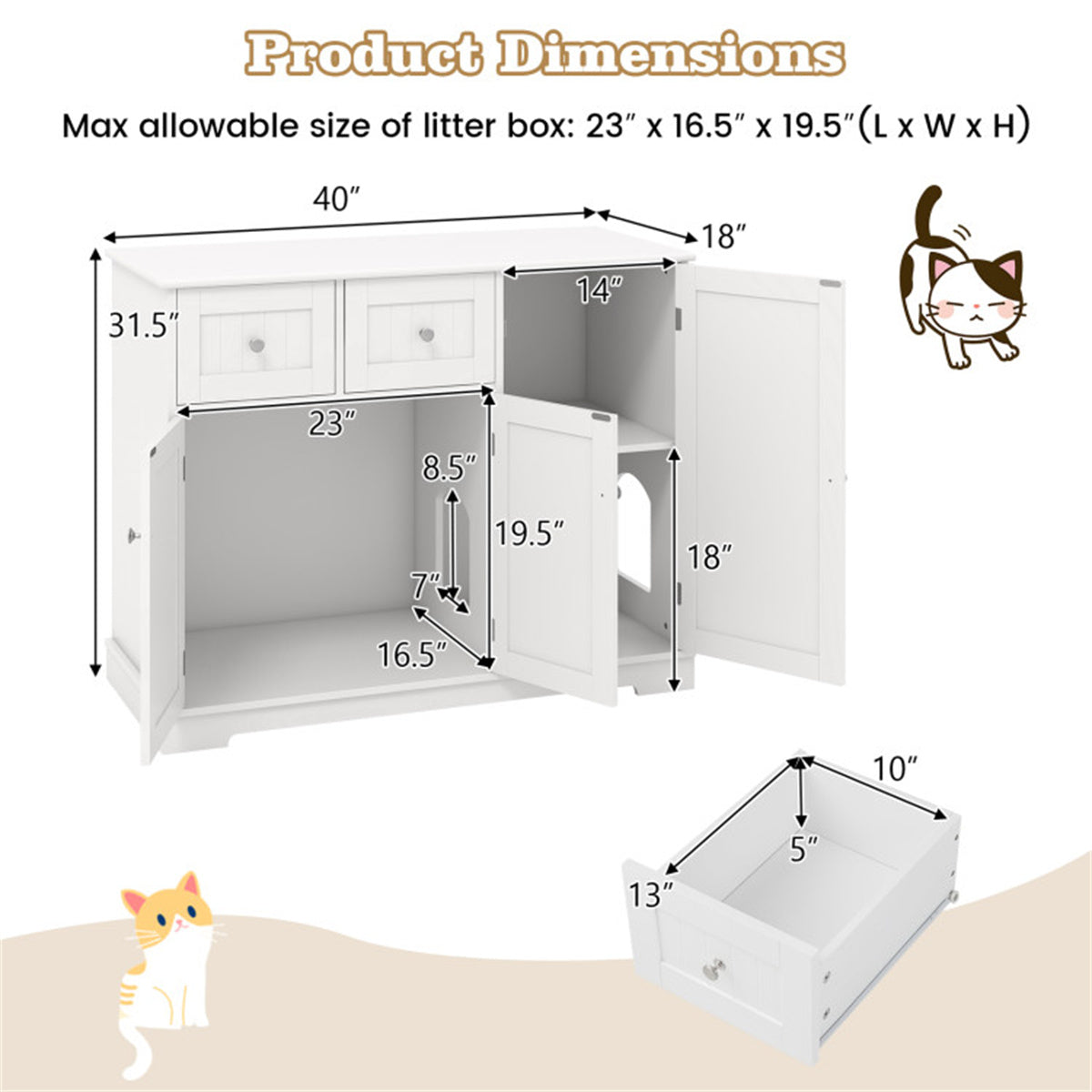 Cat Litter Box Enclosure With 2 Drawers 3 Doors Anti-Toppling Devices Storage
