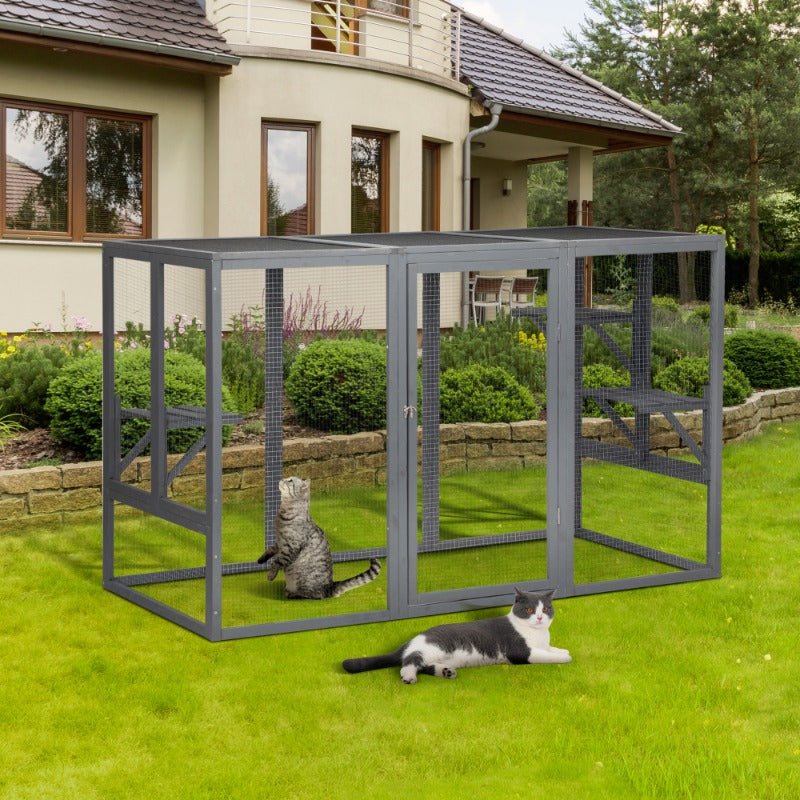 Spacious Wooden cat Cage with Waterproof Roof with Adjustable Pedals Suitable - Gray Black