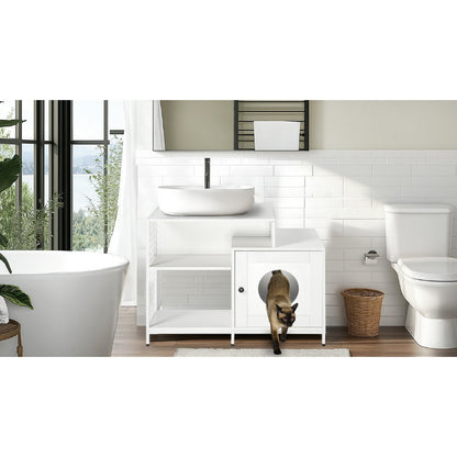 Cat litter box enclosure for bathroom, Hidden Litter Pet Washroom with Divider, Indoor Cat House for Large Cats, White