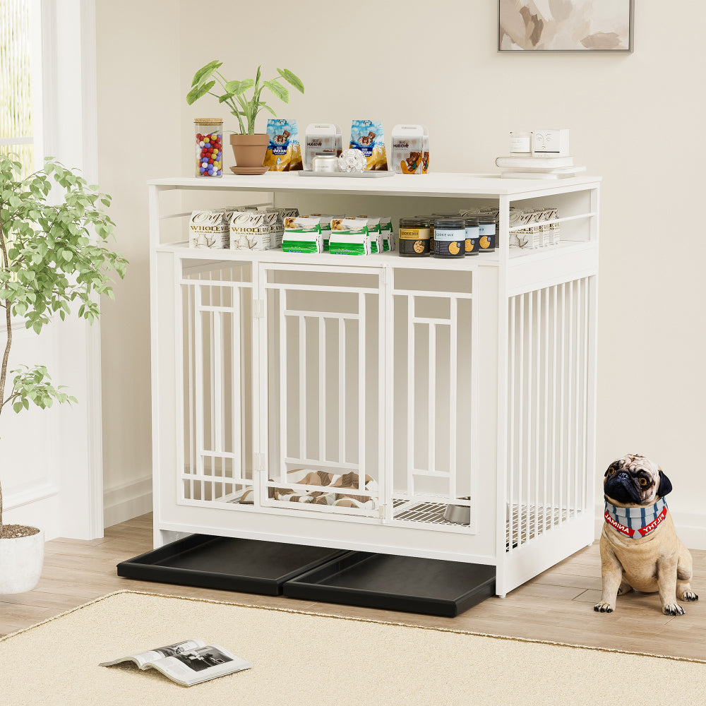 43.3 Inch Dog Crate Furniture for Large Dogs,Wooden Dog Crate with Divider,Double Door Dog Kennel with Three Drawers Storages