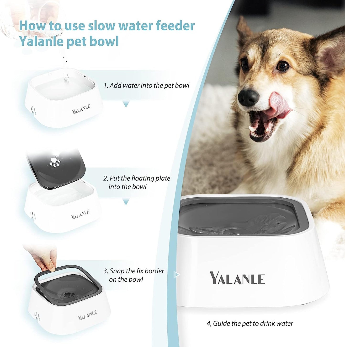 1L Dog Water Bowl No Spill, 35Oz Spill Proof Dog Water Bowl Reduce Refill, Slow Drinking Pet Bowl anti Splash No Mess for Vehicle/Outdoor/Indoor, White