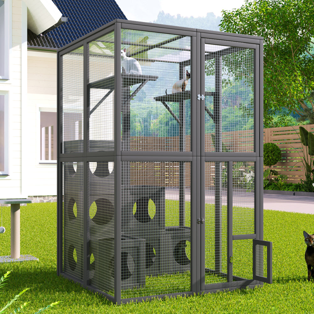 Outdoor Cat House Cat Shelves Grey Pine Wood Playground Cat Weather protection With Removable Wood Boxes