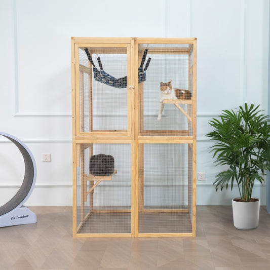 Wooden Cat Catio, Outdoor Cat Enclosure, Cat House with Platforms, Sunshine Board, Hammock, Door, Kitten Cage Condo,Burlywood