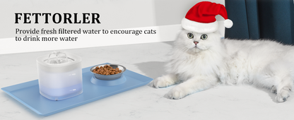 Cat Water Fountain and Food Bowl Set with Mat 1.8L Automatic Pet Running Water Dispenser with LED Light Ultra Silent