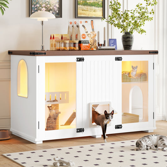 47.25" Large Cat Litter Box Enclosure with LED Light, Hidden Litter Box Furniture, Cat House with Stairs and Cat Scratching Post