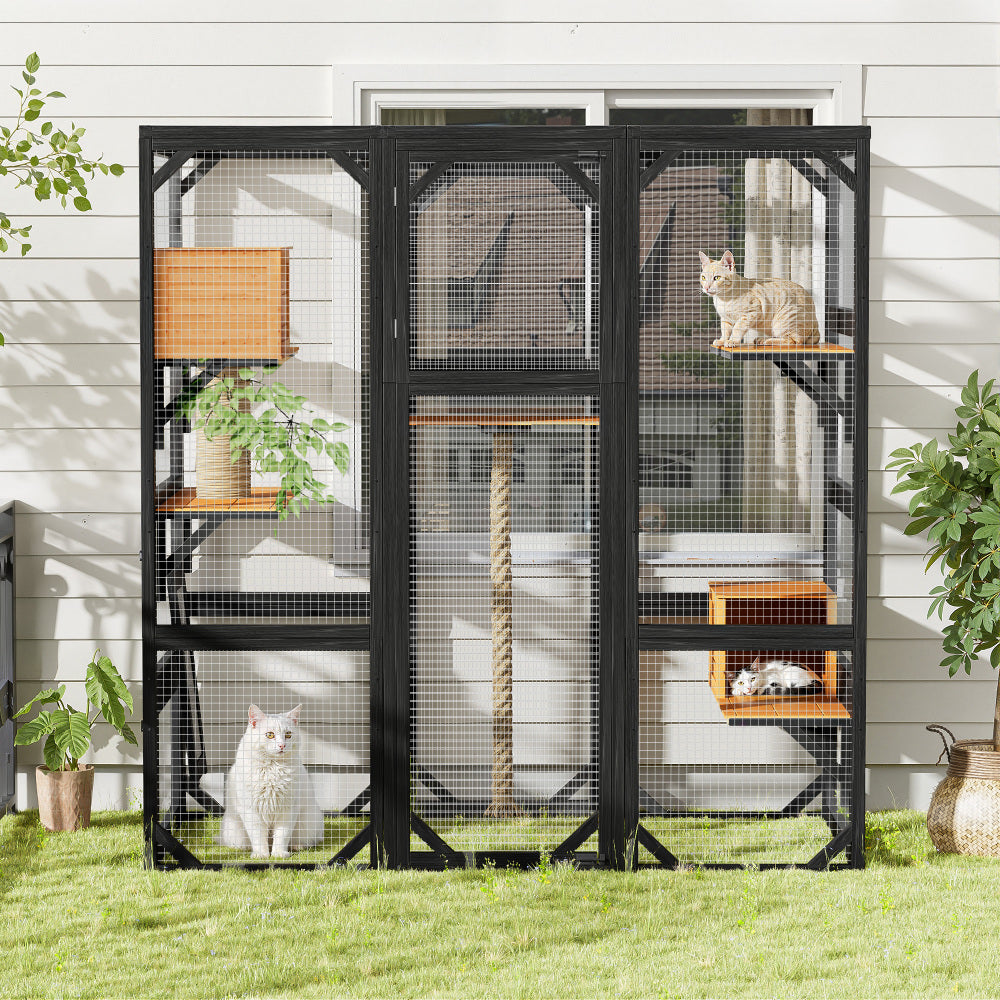 Outdoor Cat House, DIY Cat Enclosure, Cat Catio with Double Enter Doors, 62.8"L X 32.2"W X68.5"H Balcony Cat Playpen
