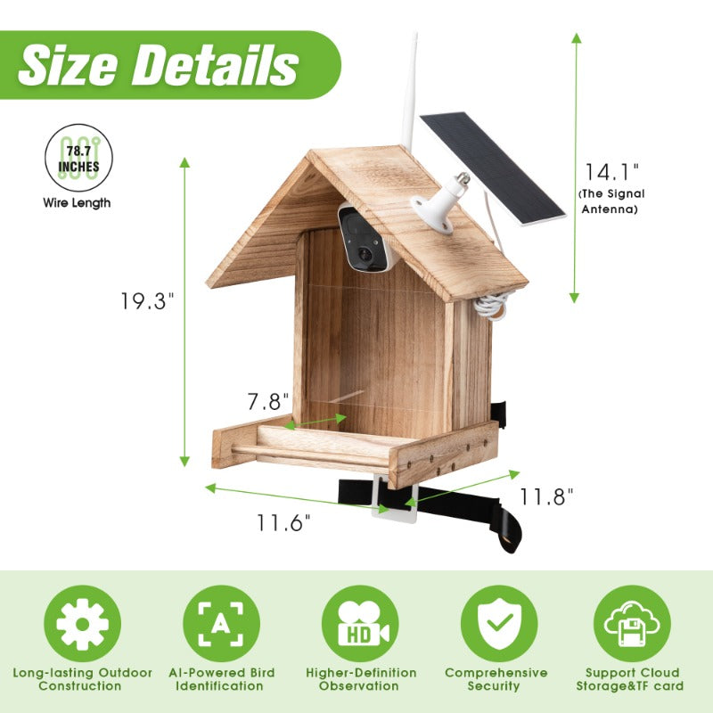 Smart Bird Feeder with Solar Powered Camera, Bird-Watching Camera Outdoor Feeder with 200W 1080P Camera, 3.5L Food Case, 128G SD