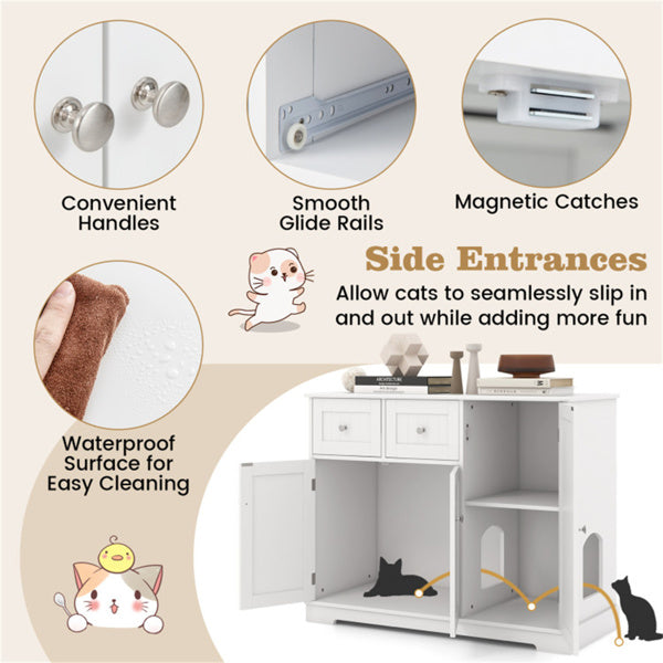 Cat Litter Box Enclosure With 2 Drawers 3 Doors Anti-Toppling Devices Storage
