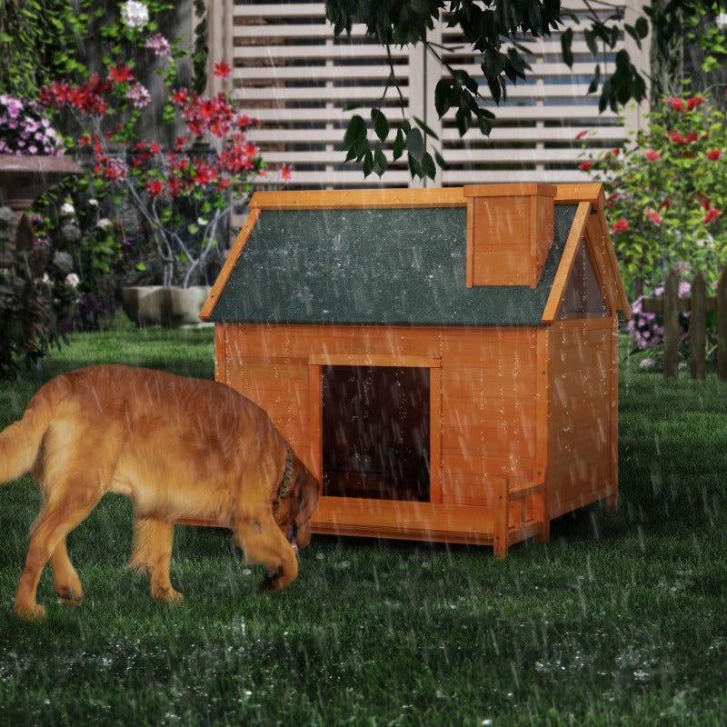 Indoor Outdoor Dog House, Wood Dog Cabin with Porch, Curtained Door, Waterproof Asphalt Roof, Pet Crate Kennel for Small to Medi