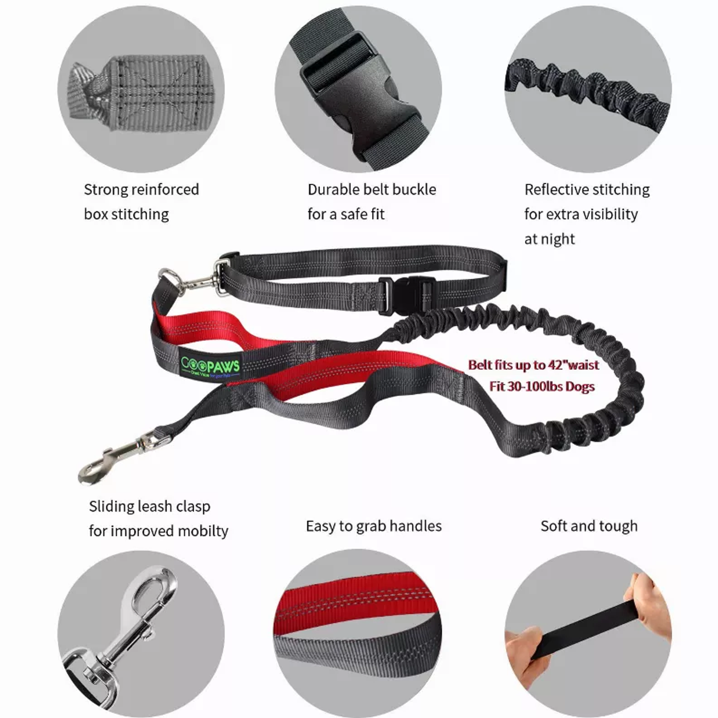 TD JESPET Dual Handle Waist Leash for Medium Large Dogs Hand-Free Running Reflective Bungee Adjustable for Durable Exercise