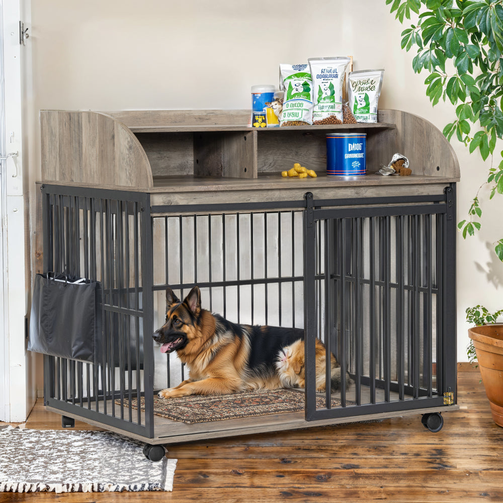 44'' Heavy Duty Large Crate Furniture for Large Medium Dog with Lockable Wheels, Wooden Dog Crate Dog Kennel