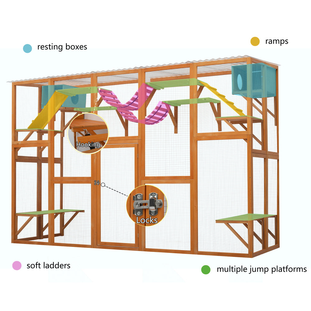 Outdoor Cat House Cat Shelves Natural Wood Playground Cat Window Box Outside Enclosure Weather protection