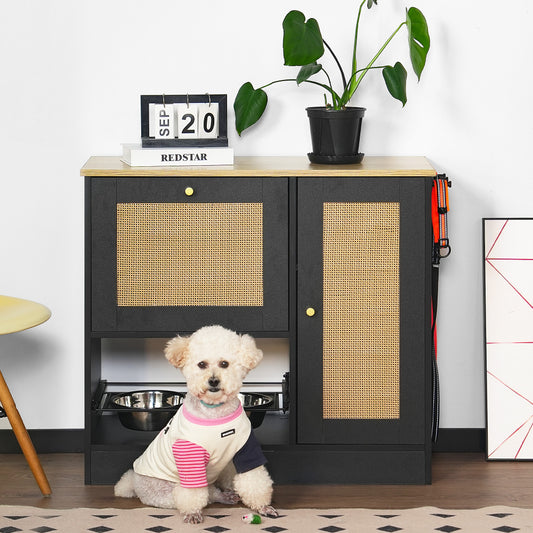 Feeding Station with 2 Lockers, Pet Feeding Station with 2 Elevated Dog Bowls, Side Hooks, Anti-tipping Kit
