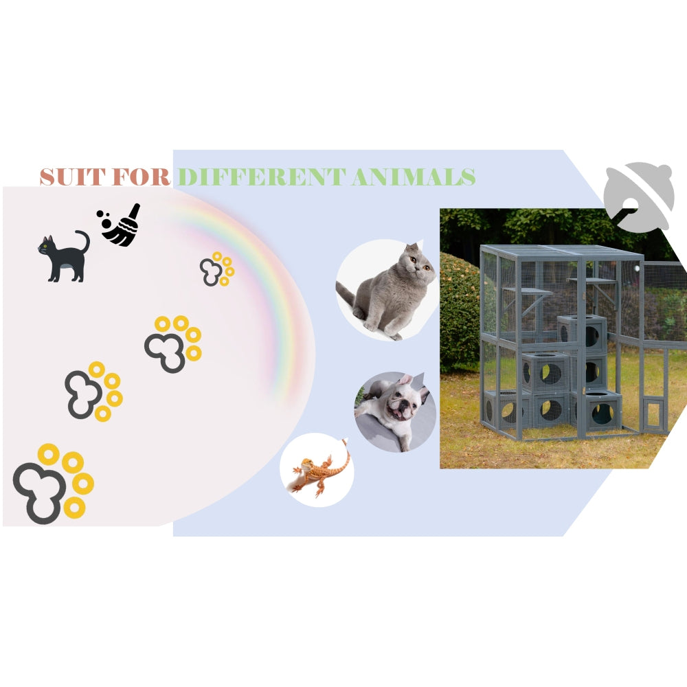 Outdoor Cat House Cat Shelves Grey Pine Wood Playground Cat Weather protection With Removable Wood Boxes