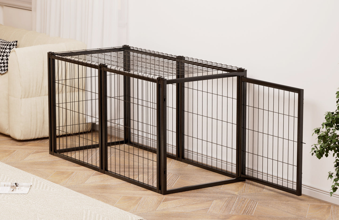47.2\" Black Iron Dog Kennel Small Medium Dog Crate with Puppy Playpen Top Indoor Pet Cage 22\"L X 22\"W X 24\"H