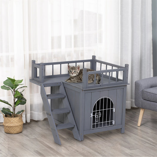 2-Level Grey Wooden Cat House with Lockable Wire Door Pet Furniture