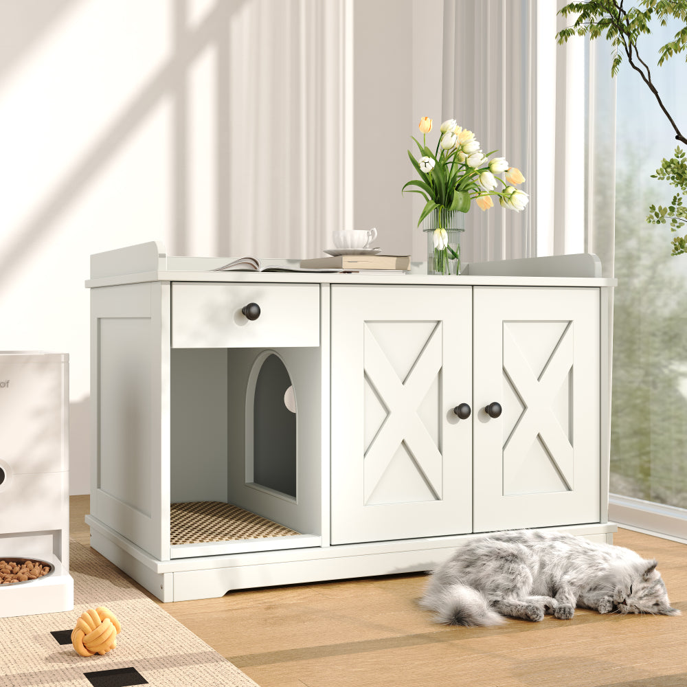 47.25" Large Cat Litter Box Enclosure with LED Light, Hidden Litter Box Furniture, Cat House with Stairs and Cat Scratching Post