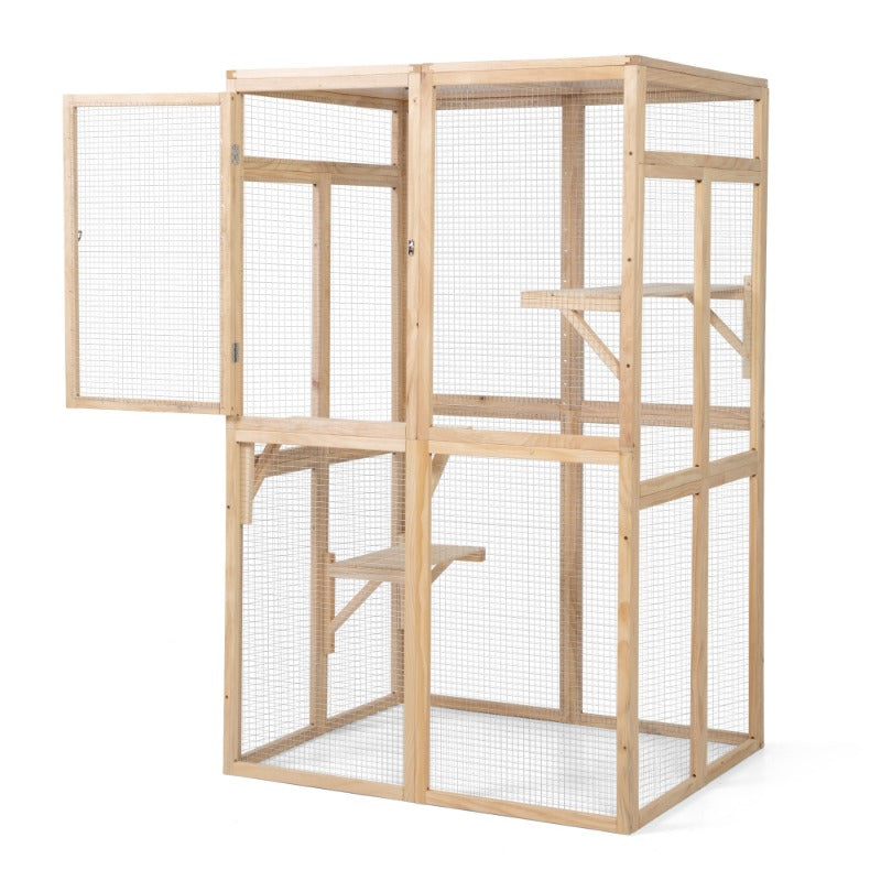 Wooden Cat Catio, Outdoor Cat Enclosure, Cat House with Platforms, Sunshine Board, Hammock, Door, Kitten Cage Condo,Burlywood
